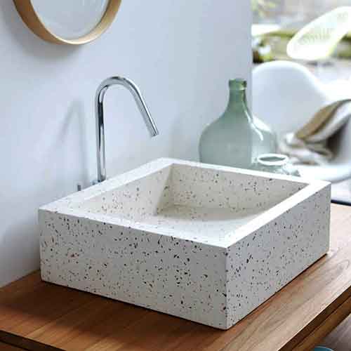 Square basin in white speckled stone for sale by agent sourcing in Bali buying export indonesia.
