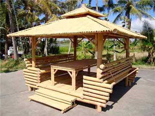 Balinese bamboo gazebos by buying agent in Bali for sourcing and export from Indonesia.