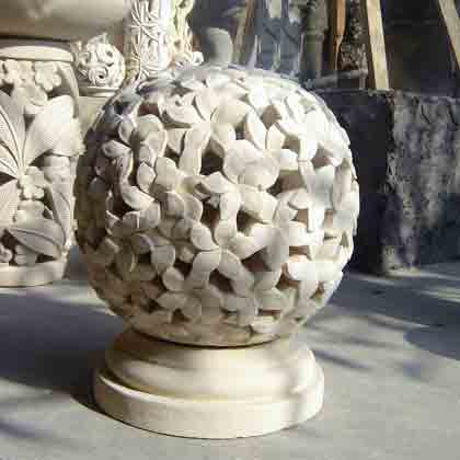 Carved stone sphere lamp for export sale by sourcing agent in Bali Indonesia.